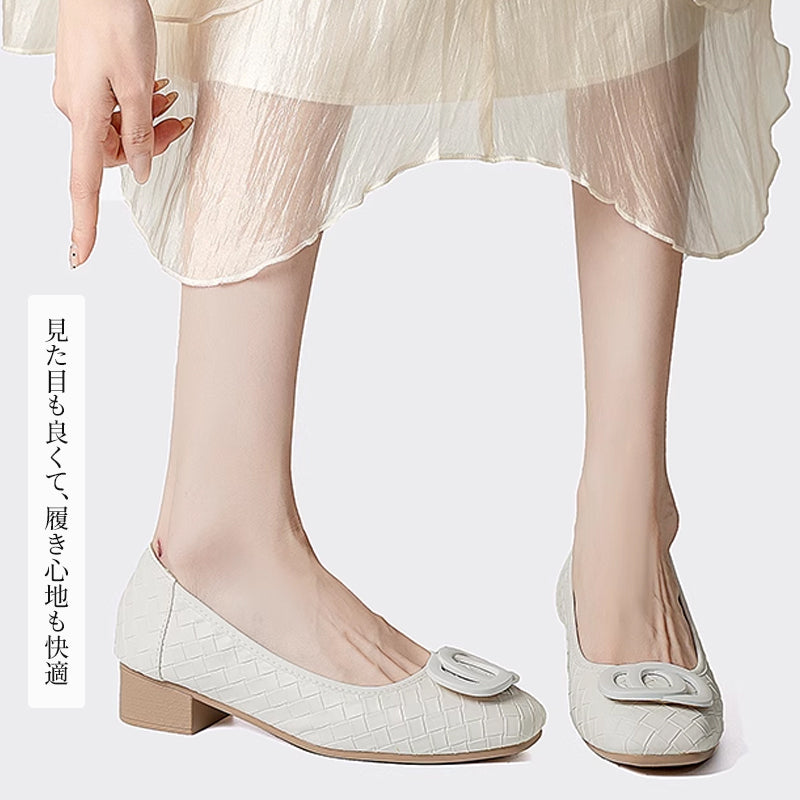 本革 手編み込み メッシュパンプス スクエアトゥ 3cm太ヒール 痛くない 幅広 外反母趾対応 通気性 レディース